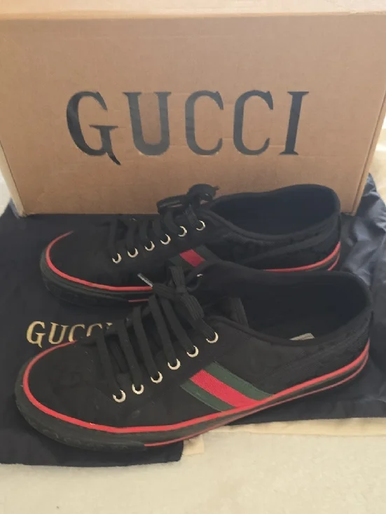 Gucci Men’s Black Canvas Low-Top Sneakers with Red & Green Web Stripe - Picture 5 of 7